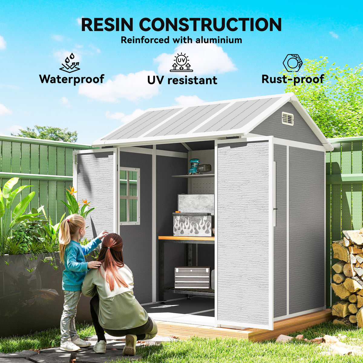 6' x 6' Resin Outdoor Storage Shed with Floor, Window, Lockable Doors and Vents for Backyard Patio Lawn