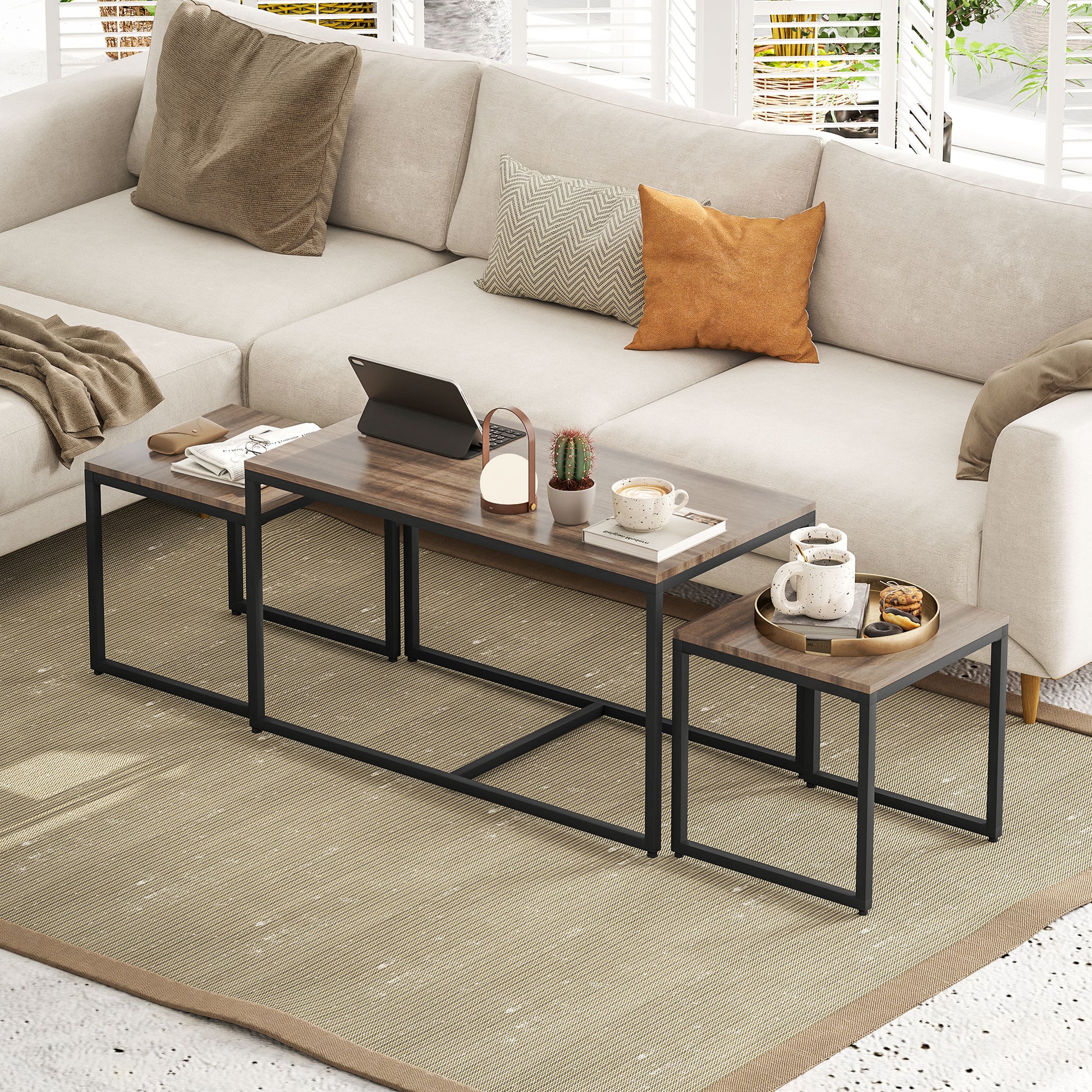 HOMCOM 3-Piece Modern Nesting Coffee & End Tables Set, Brown Wood Grain