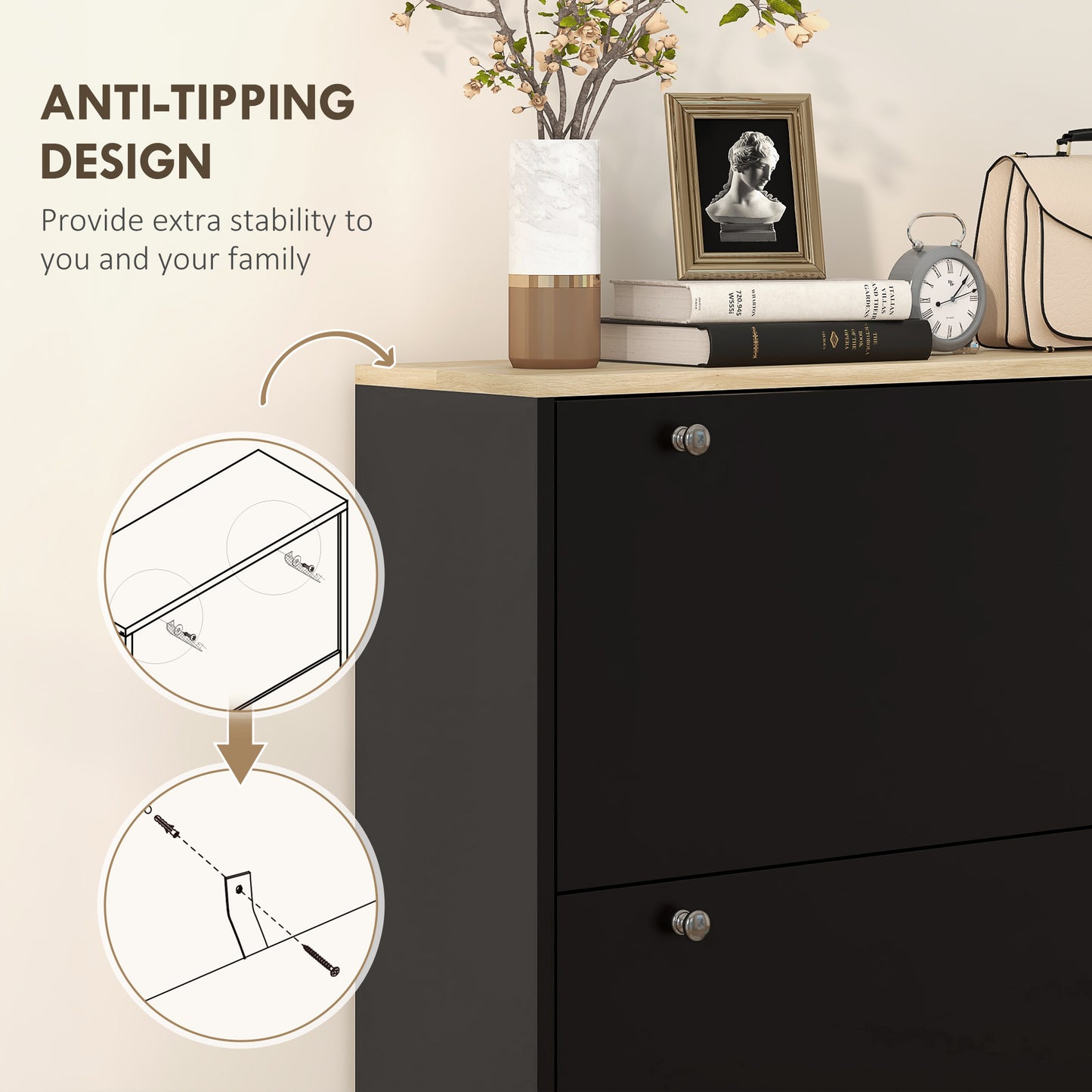 HOMCOM Black Entryway Shoe Cabinet with 3 Flip Drawers, Adjustable Shelves