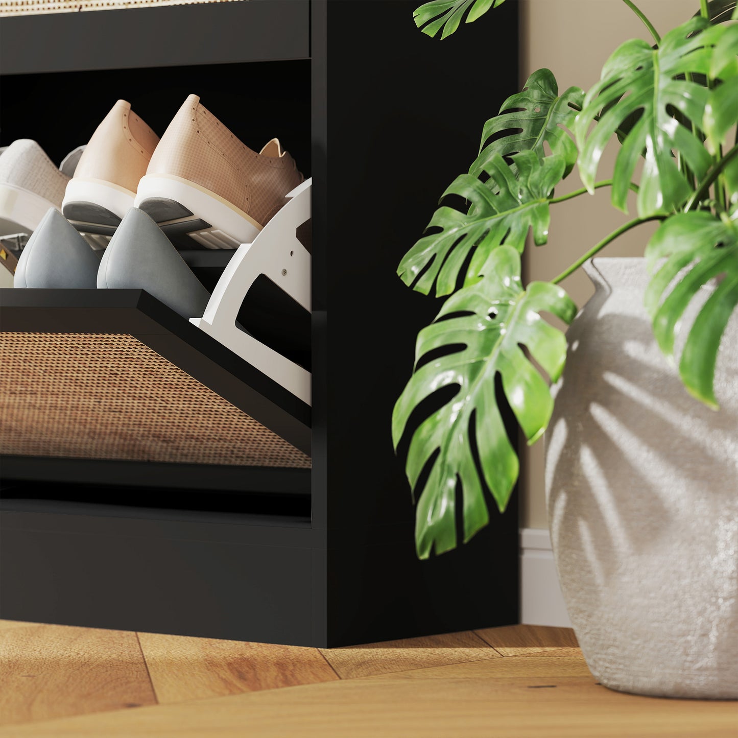 Elegant Rattan Entryway Shoe Cabinet with 3 Flip-Down Drawers, Adjustable Shelves, Organizes 18 Pairs