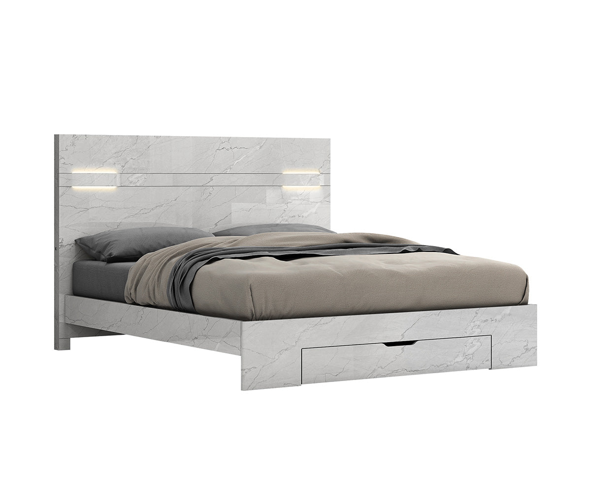 Zeke Modern King Platform Bed with LED Headboard, White High Gloss Finish