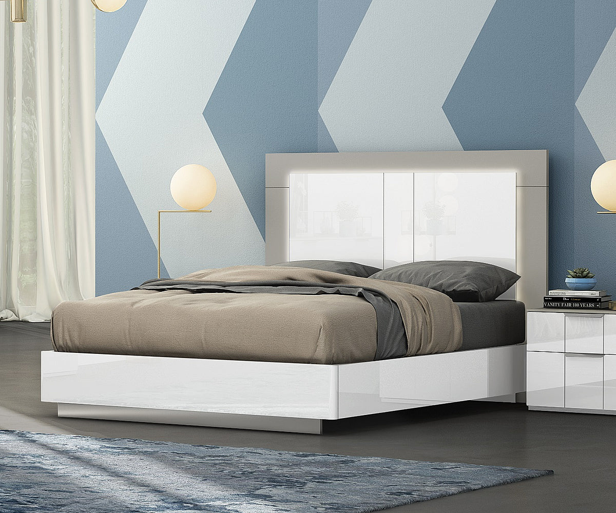 Modern Harvey Queen Bed: LED Headboard, White Gloss & Grey Matte Finish