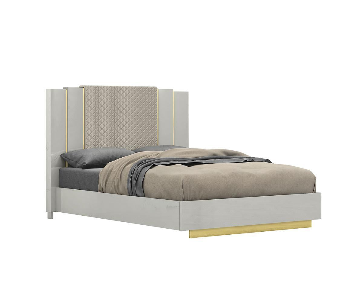 Elegant Grey Lacquer Wood King Bed with Tufted Headboard & Gold Accents