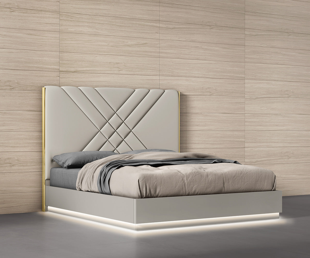 Akira Queen Bed Solid Wood PU Upholstered with LED Accent