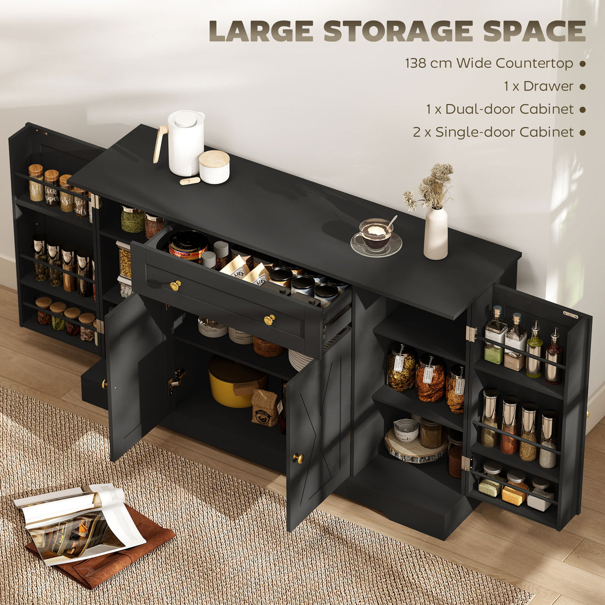 Farmhouse Sideboard with Barn Doors and Door Shelves – 54"W x 33"H