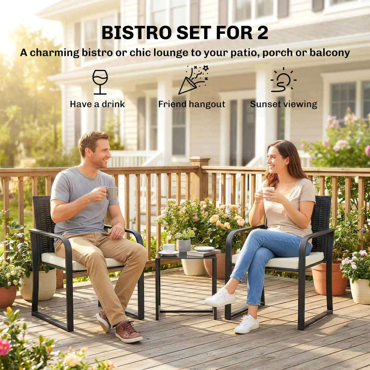 Outdoor Bistro Set, 3 Piece Wicker Patio Furniture with Mesh Seat, Glass Table, Cushions for Porch, Balcony – Cream White
