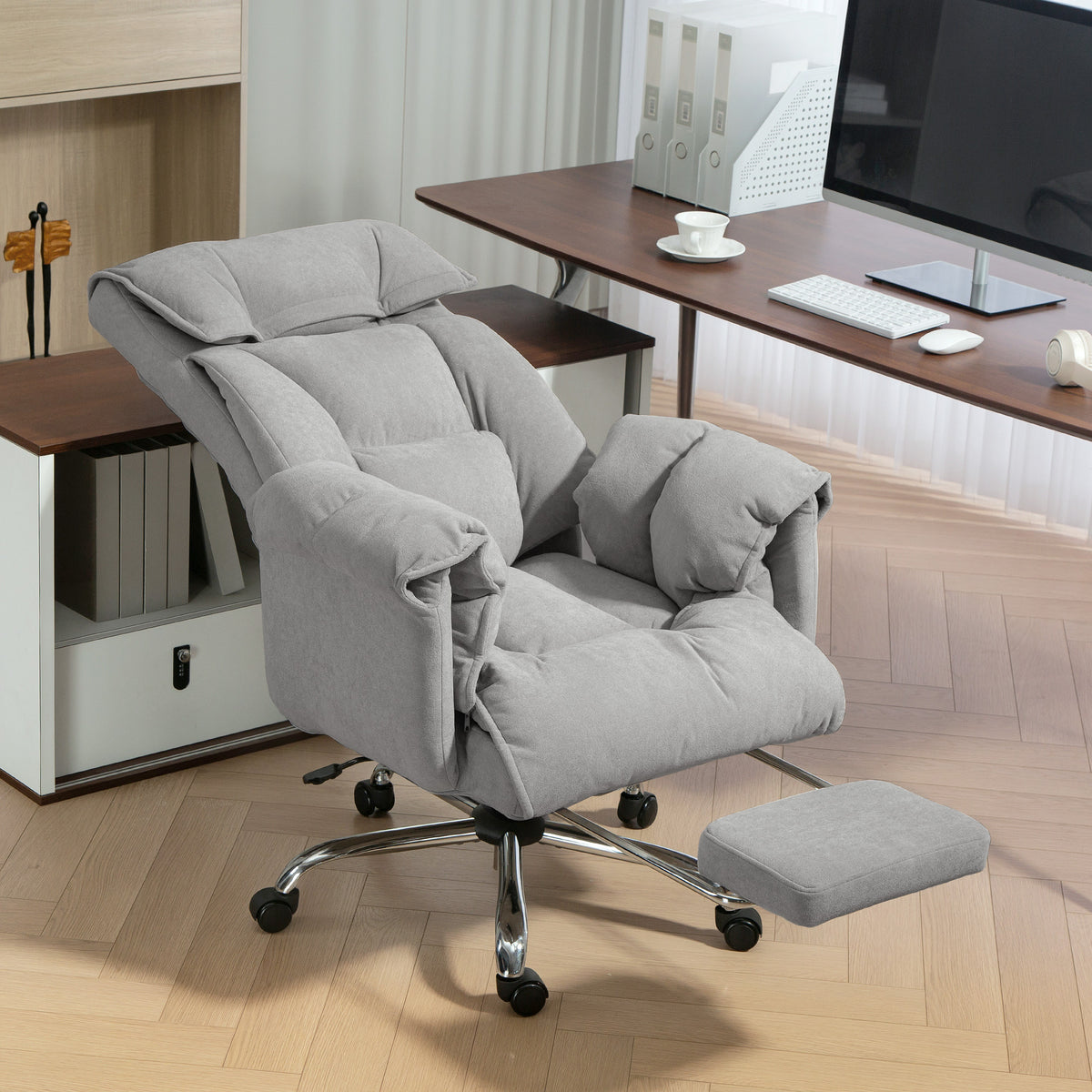 High Back Office Chair, Reclining Desk Chair with Footrest, Swivel Base, Light Grey