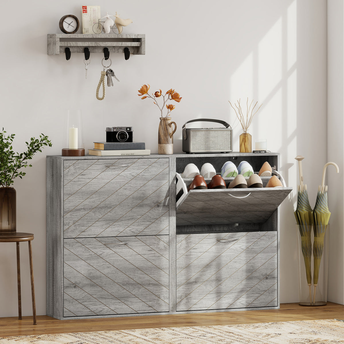 Shoe Storage Cabinet with 4 Flip Drawers – 46"W x 31"H