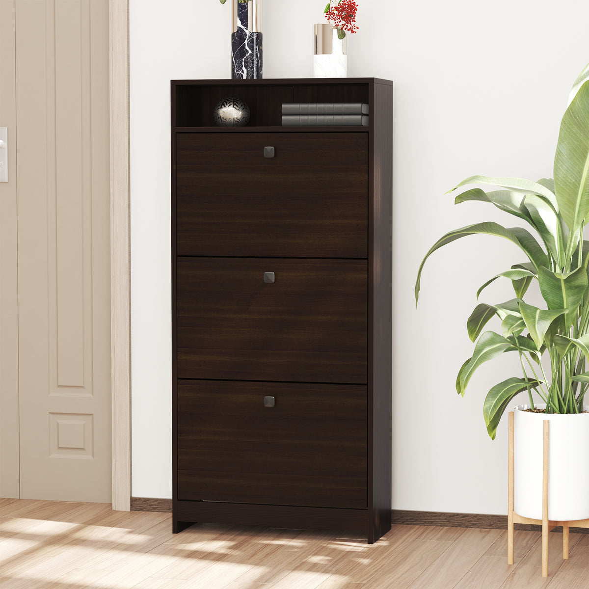 Slim Shoe Storage with 3 Flip Drawers and Adjustable Shelves – 24"W x 52"H
