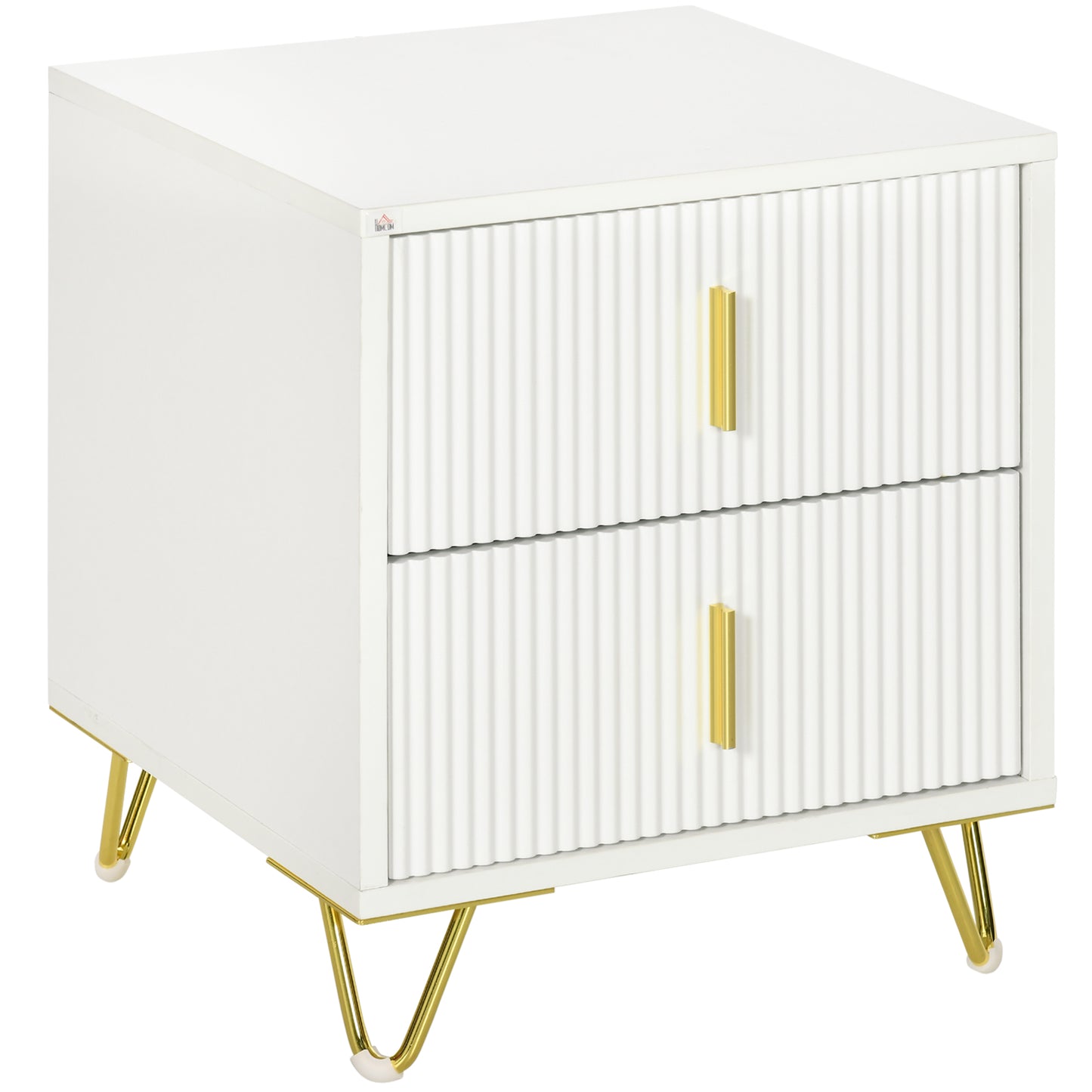 Modern White Nightstand Bedside Table with 2 Storage Drawers, Gold Metal Legs