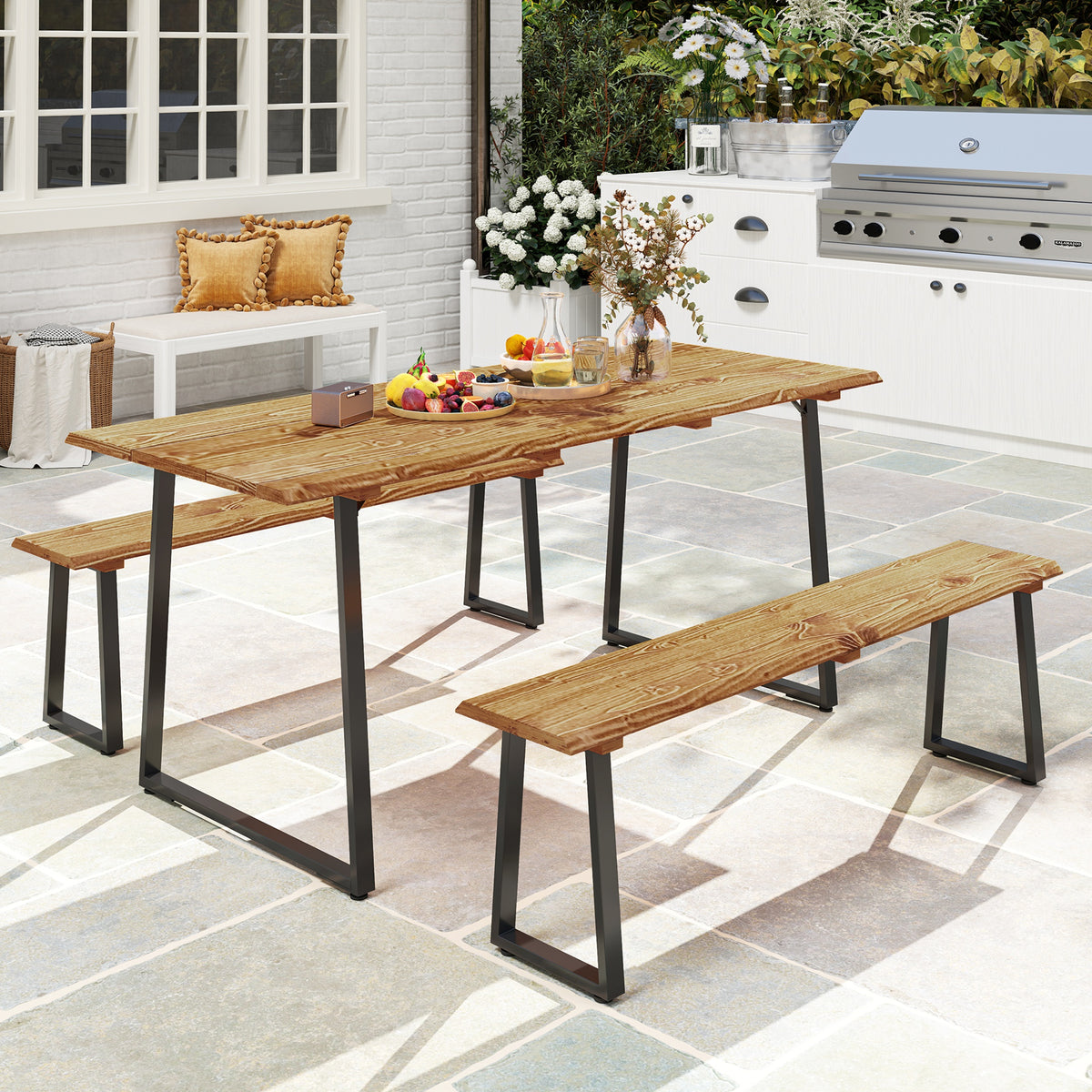 Picnic Table and Bench Set for 6 Persons with 2" Umbrella Hole, Slatted Top & Steel Frame, for Party, BBQ, Patio, Lawn