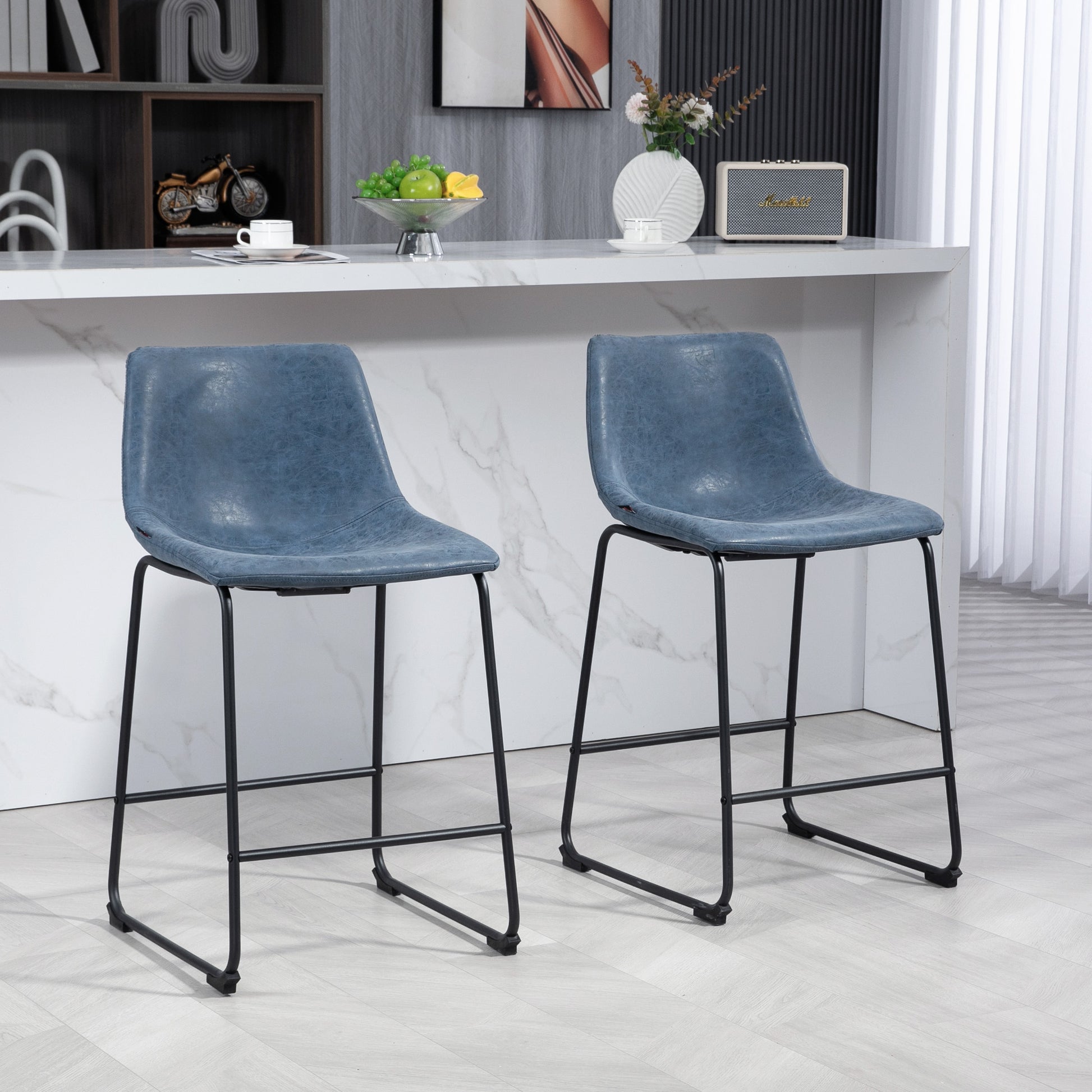 HOMCOM Vintage Blue PU Leather Counter Height Bar Stools with Footrests