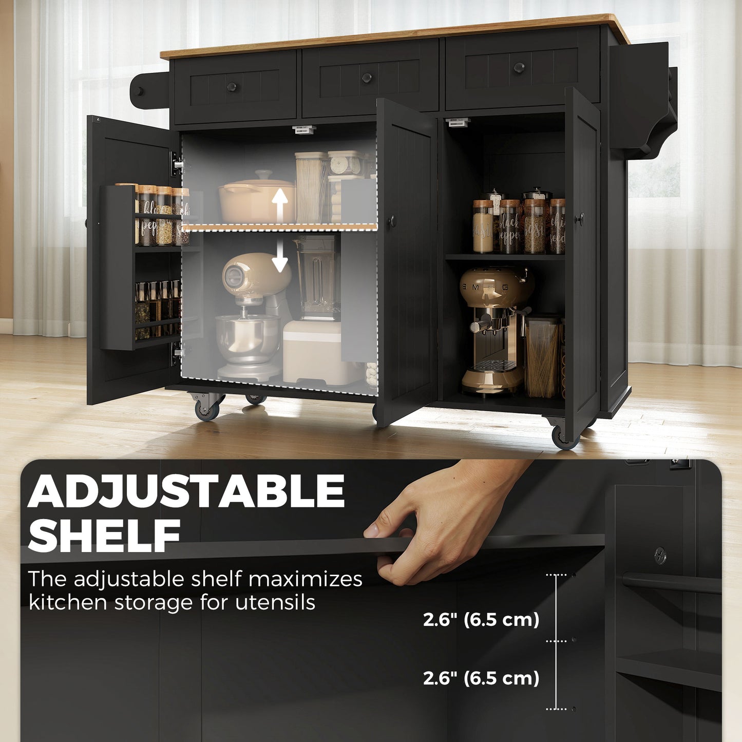 HOMCOM Kitchen Island with Drop Leaf, Charging Station, Black