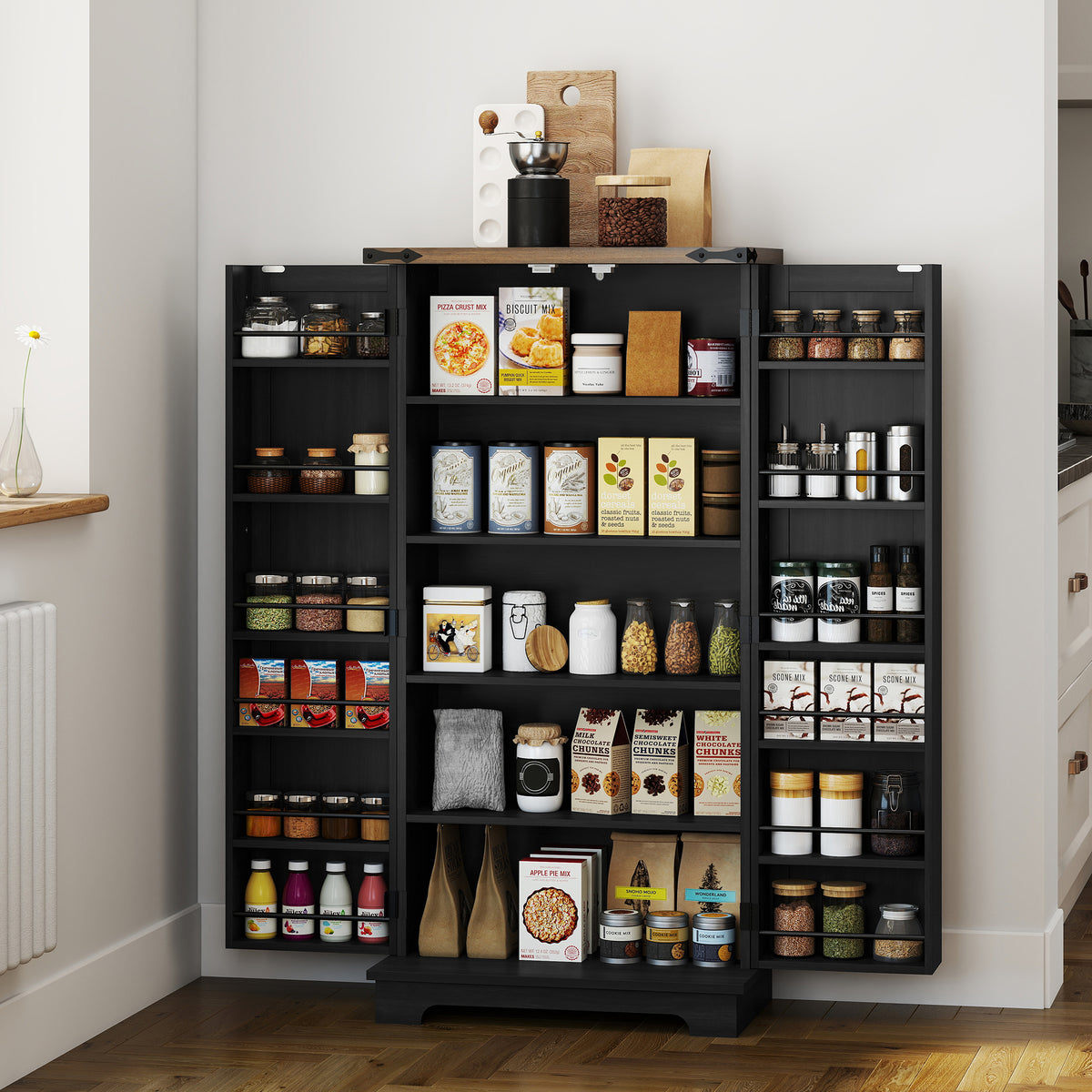Farmhouse Kitchen Pantry Cabinet with Adjustable Shelves and Door Shelves – 24"W x 47"H