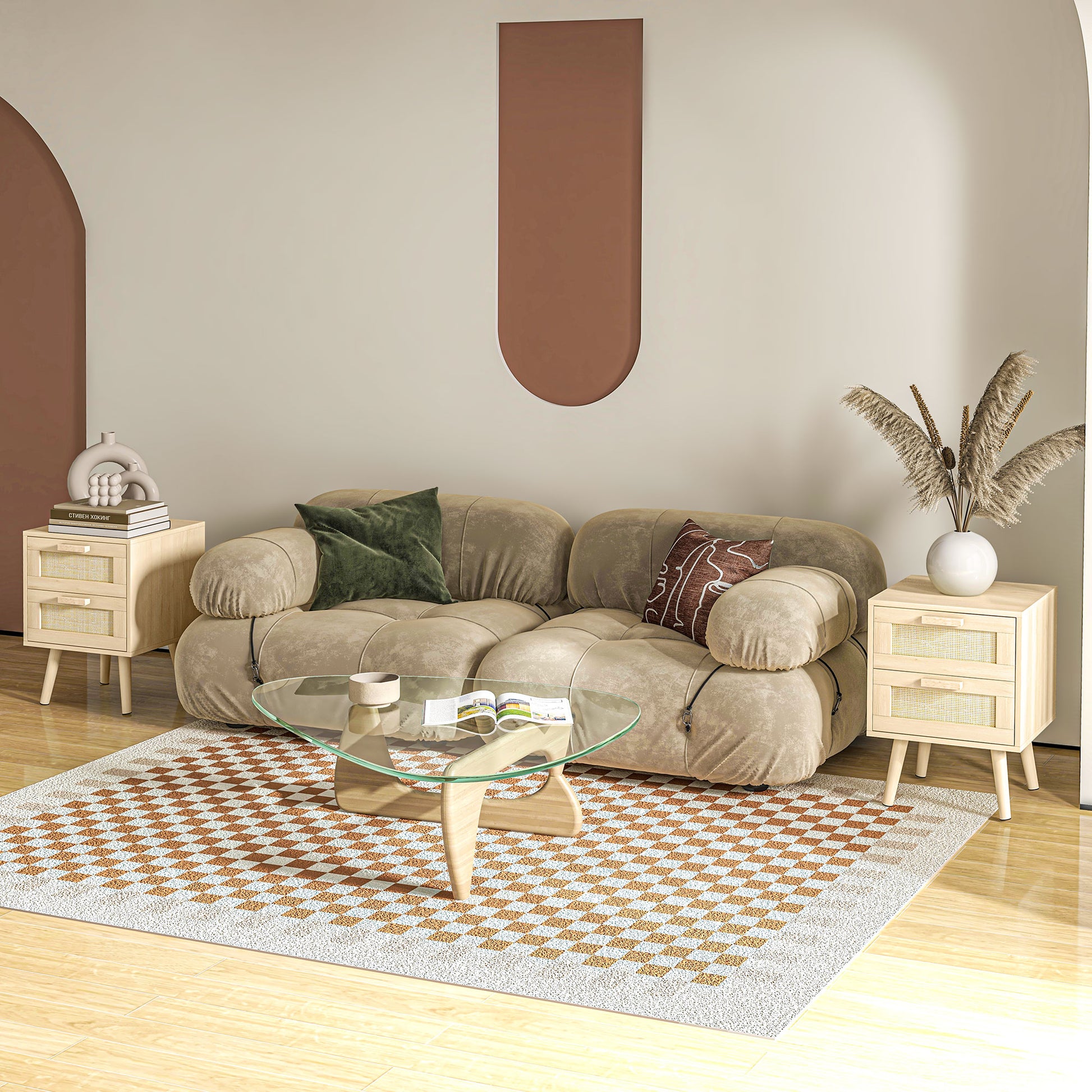 HOMCOM Boho Chic Nightstand Set of 2 with 2 Drawers, Living Bedroom Side Tables