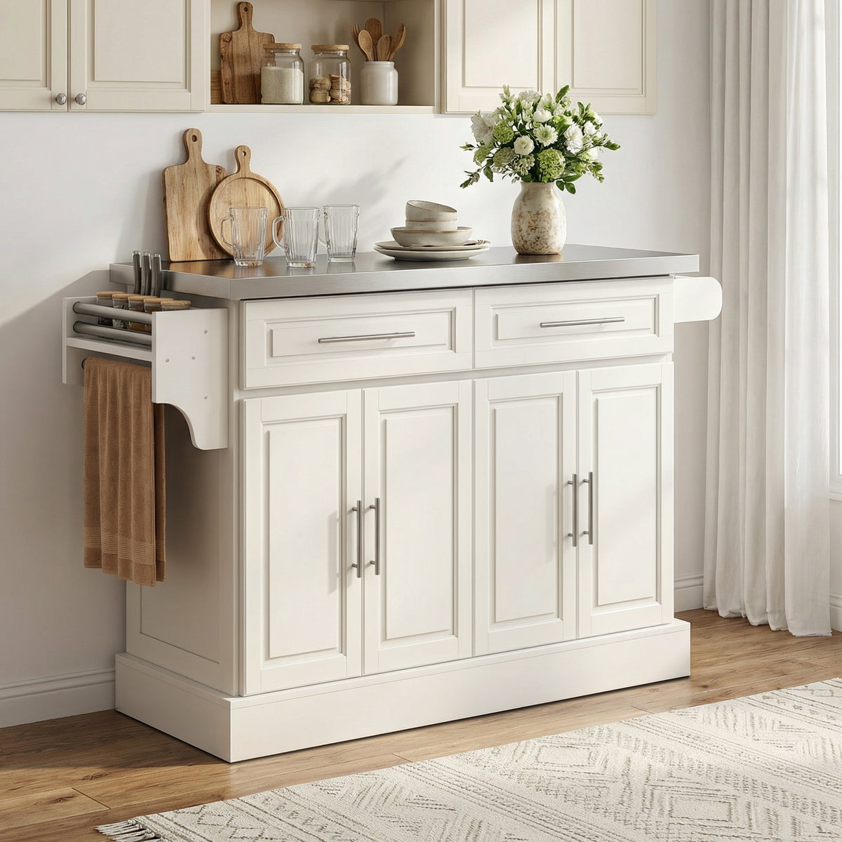 Rolling Kitchen Island with Stainless Steel Top – 57"W x 37"H