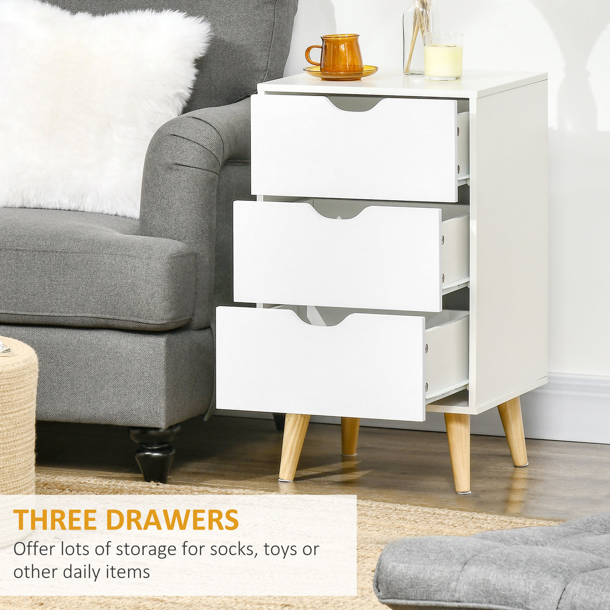 3-Drawer Nightstand with Wood Legs – 16"W x 27"H