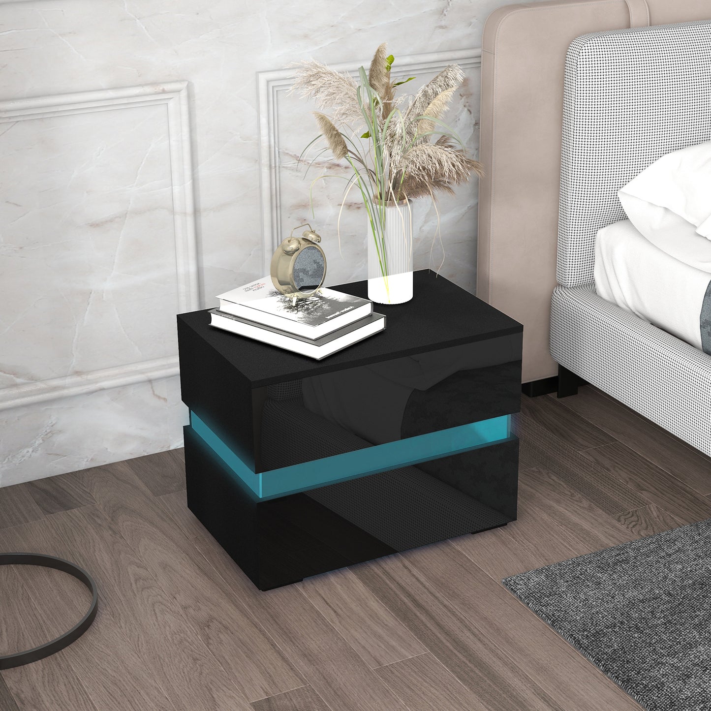 Modern Black Nightstand, 2 Gloss Drawers, USB RGB LED Remote Lights
