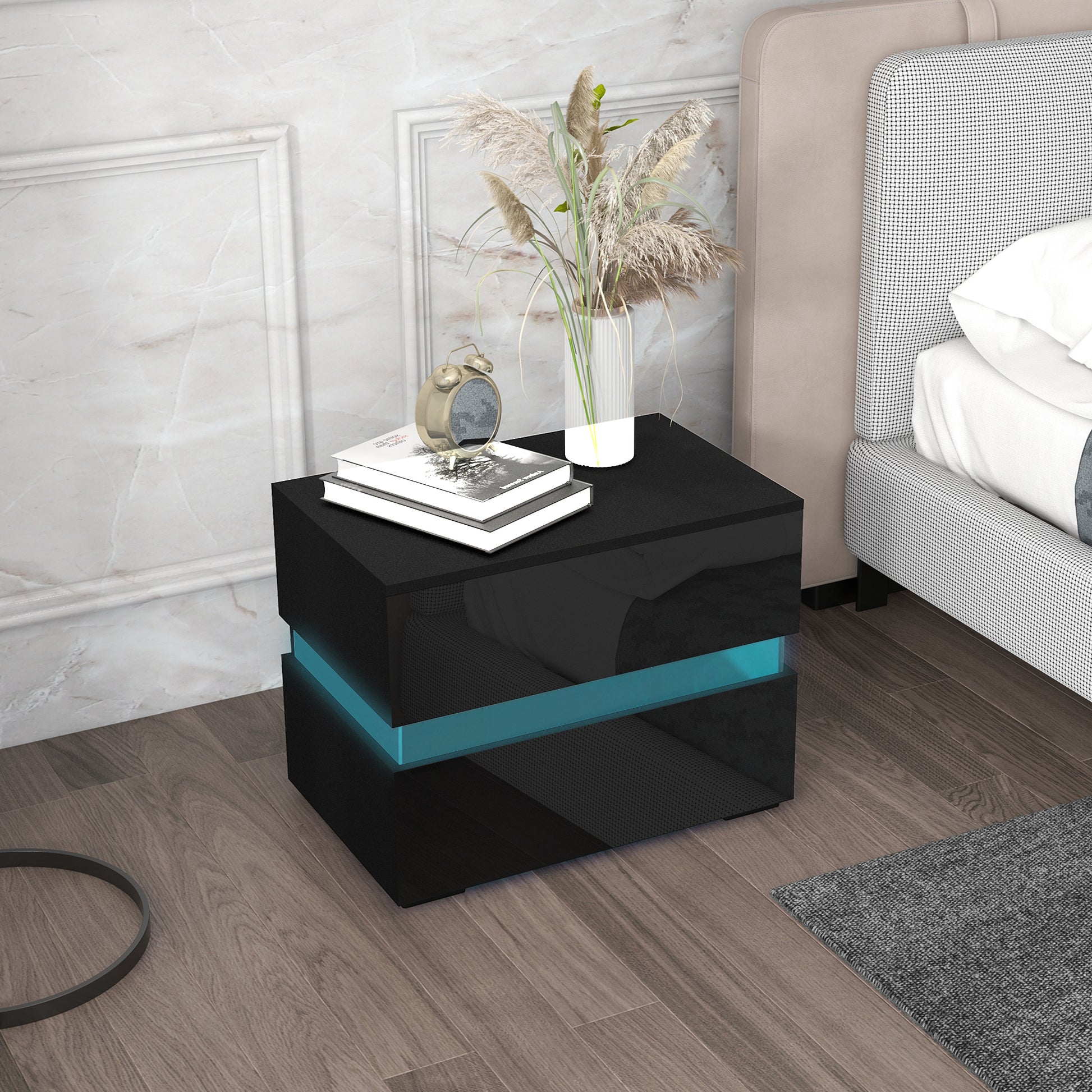 Modern Black Nightstand, 2 Gloss Drawers, USB RGB LED Remote Lights