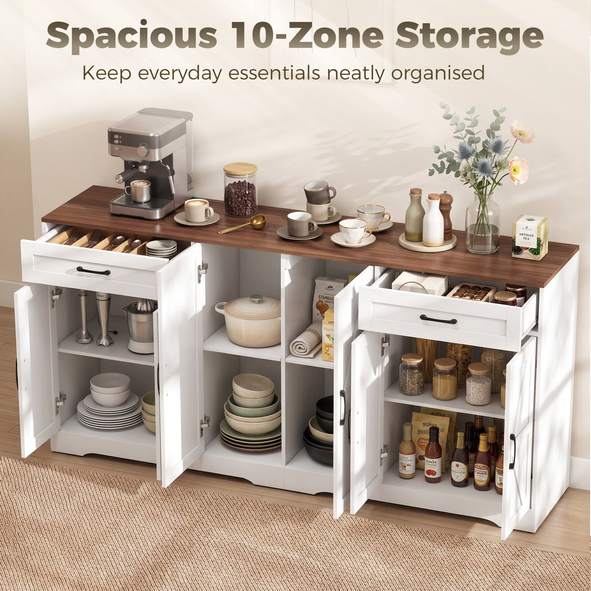 Farmhouse Coffee Bar Cabinet with 2 Drawers and 6 Barn Doors – 71"W x 34"H