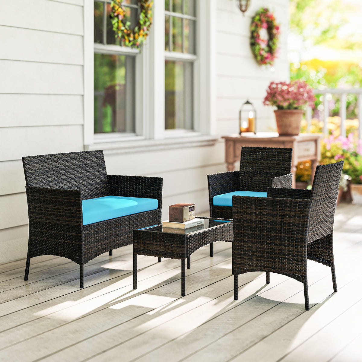 4 Pieces Wicker Outdoor Balcony Furniture Set, Rattan Patio Furniture Set with Loveseat Chairs Glass Coffee Table – Turquoise