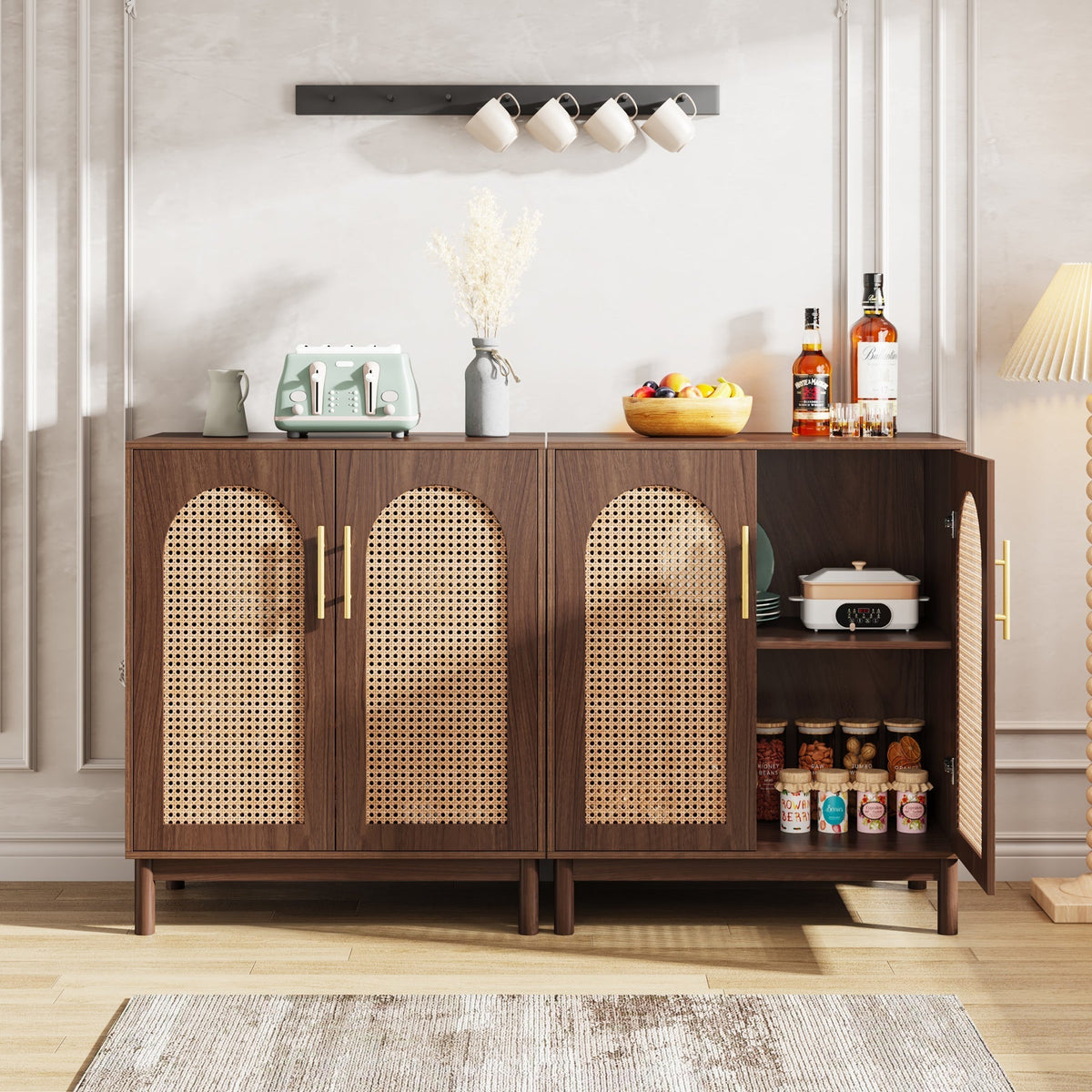 Sideboard Buffet Set of 2, Accent Rattan Storage Cabinet with Doors
