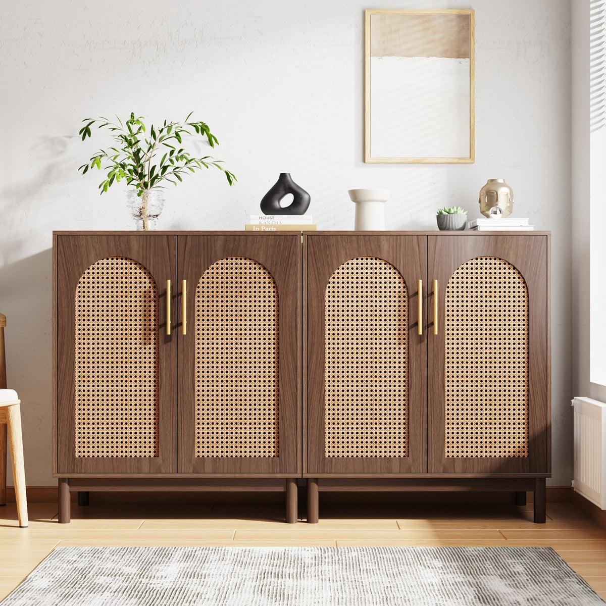 Sideboard Buffet Set of 2, Accent Rattan Storage Cabinet with Doors