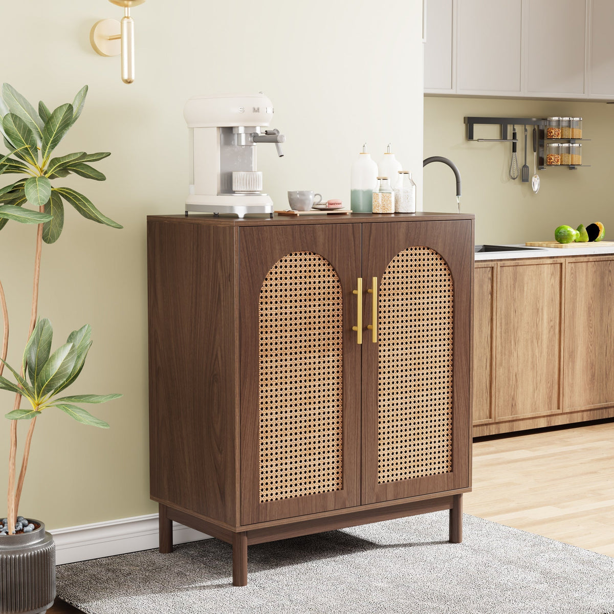 Sideboard Buffet Set of 2, Accent Rattan Storage Cabinet with Doors