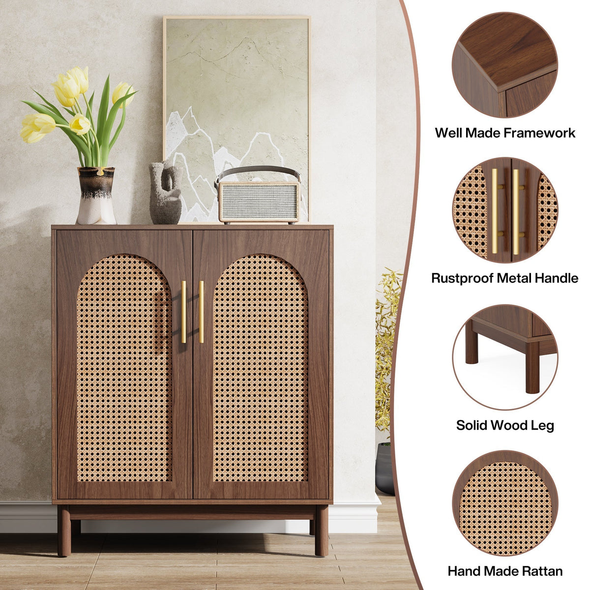 Sideboard Buffet Set of 2, Accent Rattan Storage Cabinet with Doors