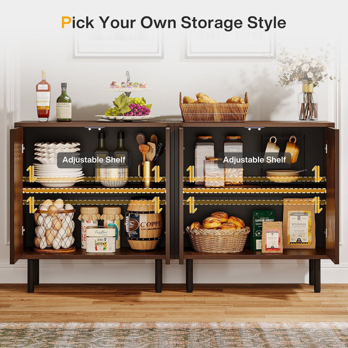 Sideboard Buffet, Set of 2 Storage Cabinet with Adjustable Shelves