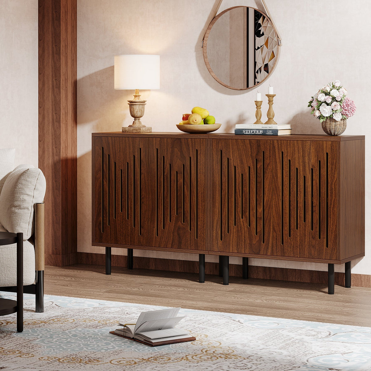 Sideboard Buffet, Set of 2 Storage Cabinet with Adjustable Shelves