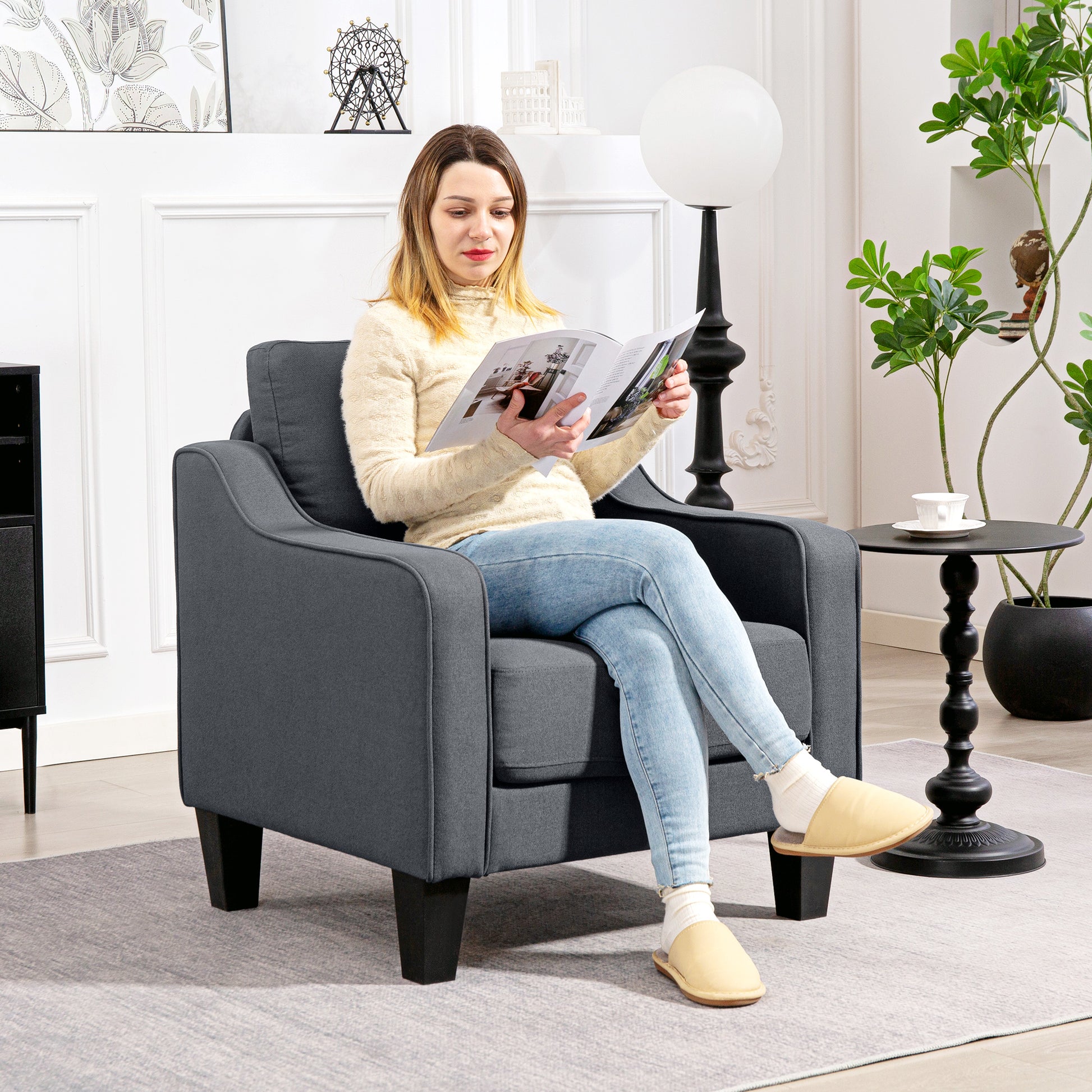 Modern Accent Armchair: Comfortable Linen Upholstered Charcoal Grey Chair with Pocket Spring