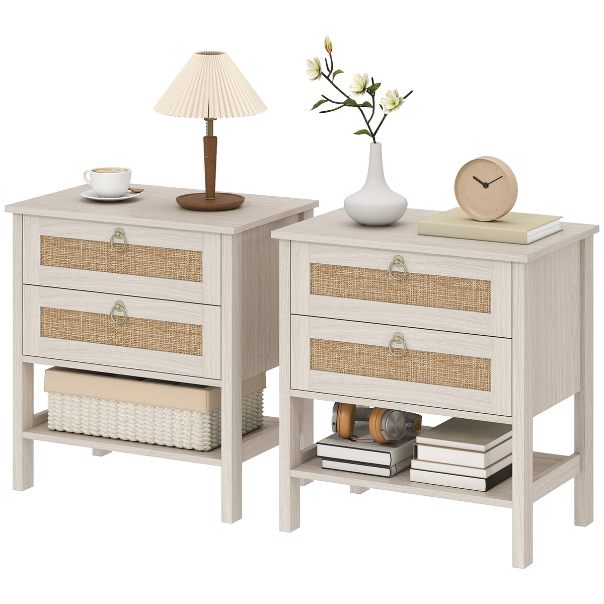Boho Rattan Nightstands with 2 Drawers, Set of 2 – 24"W x 26"H