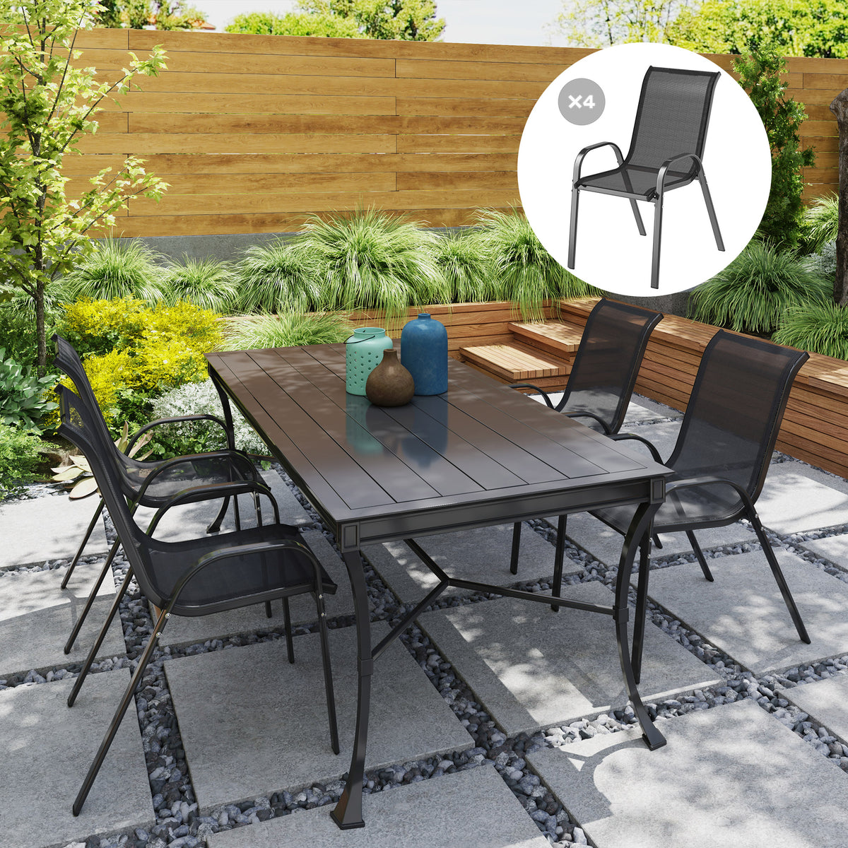 Set of 4 Outdoor Dining Chairs, Stackable Lawn Chairs with High Back, Breathable Mesh Seat for Garden Porch – Black