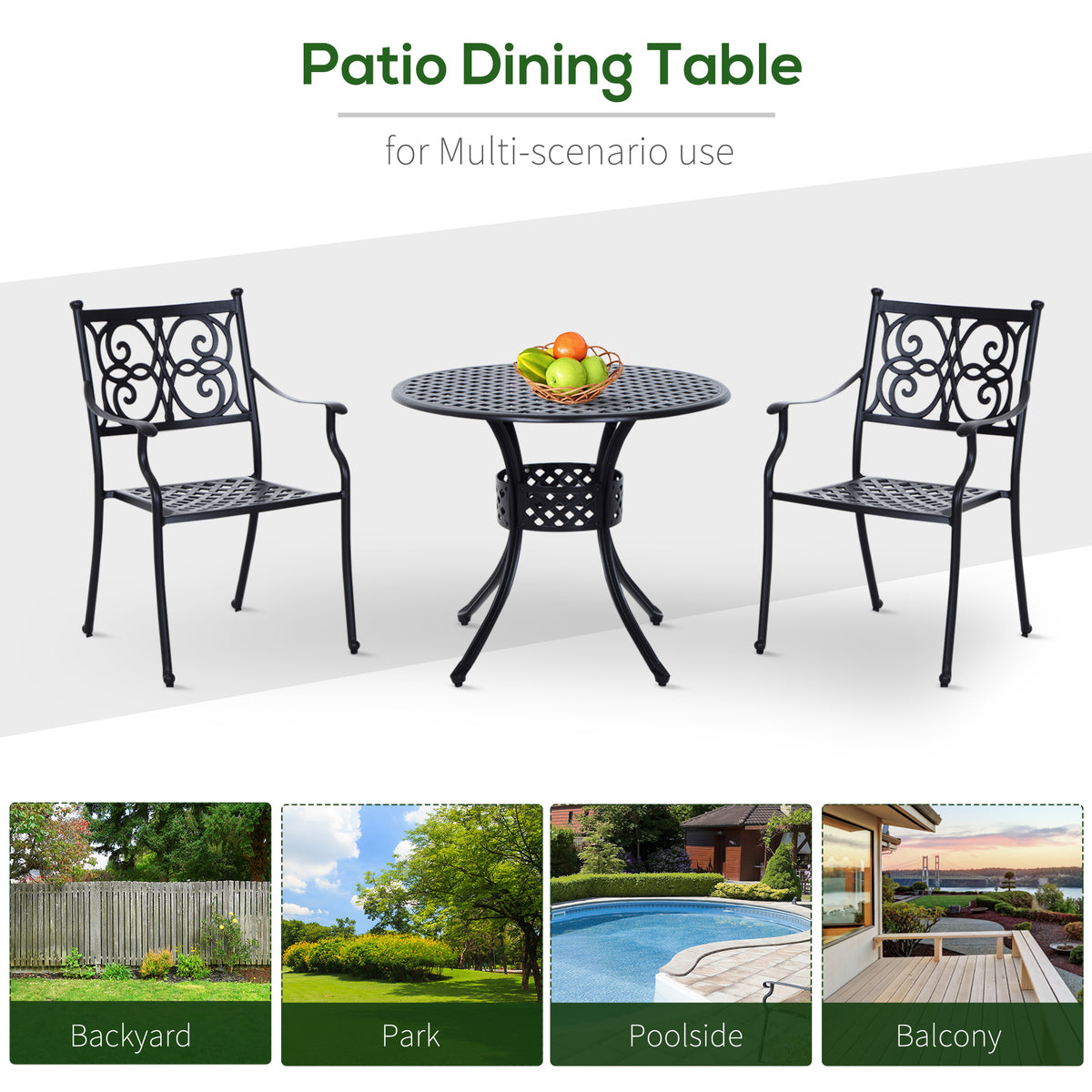 33-Inch Roud Patio Dining Table with Umbrella Hole, Cast Aluminum Garden Table, All Weather Patio Bisto Table, for Lawn, Garden, Outside