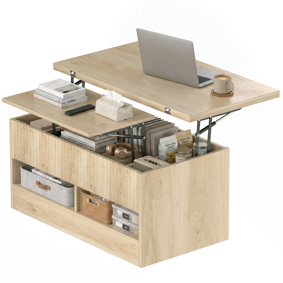 Lift-Top Coffee Table with Dual-Zone Expandable Top and Hidden Storage, Oak