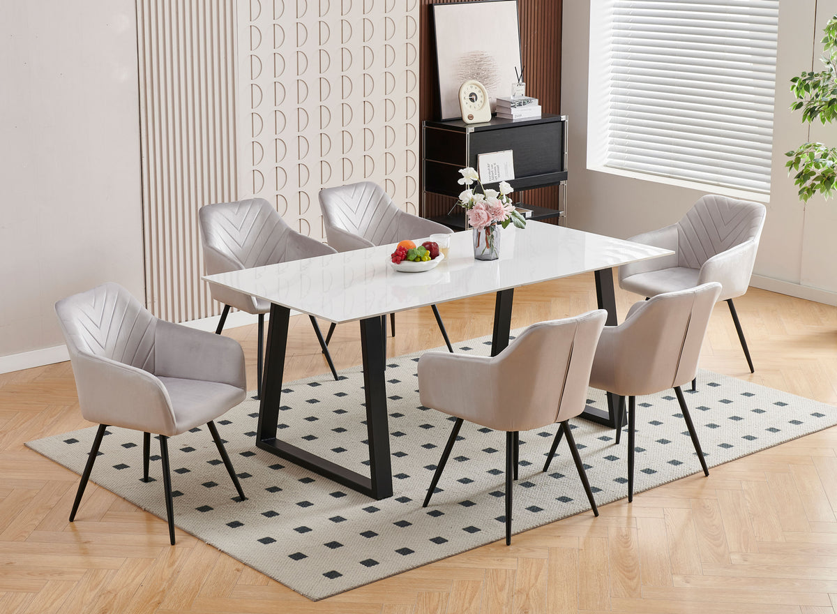 Snowy White Sintered Stone Dining Set with Channel-Stitch Armchairs
