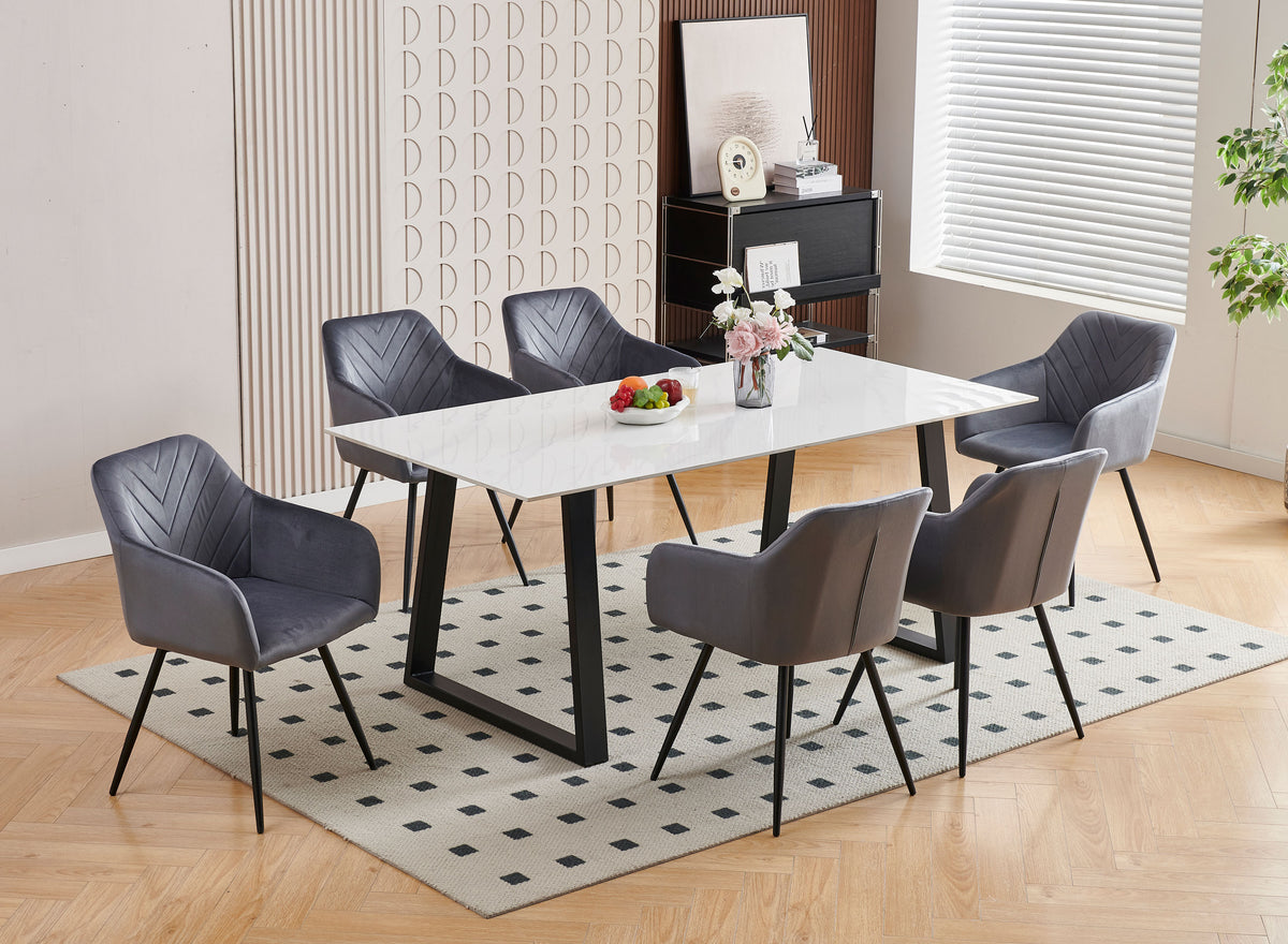Snowy White Sintered Stone Dining Set with Channel-Stitch Armchairs