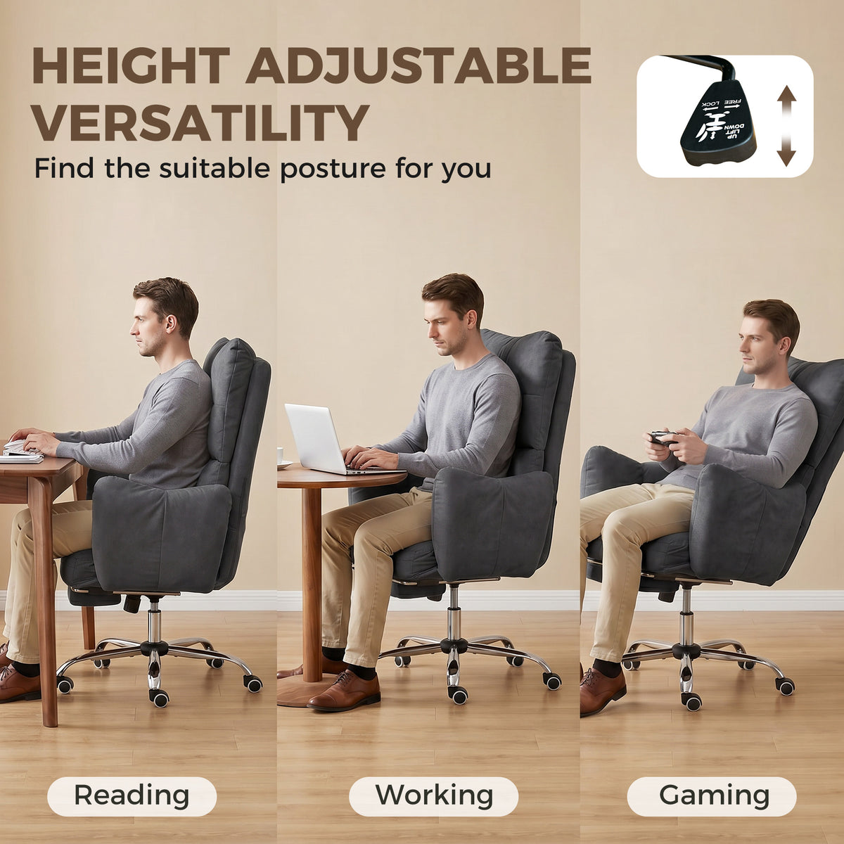 Office Chair with Footrest, Ergonomic Reclining Computer Gaming Chair with Snow Flannel Fabric, Dark Grey