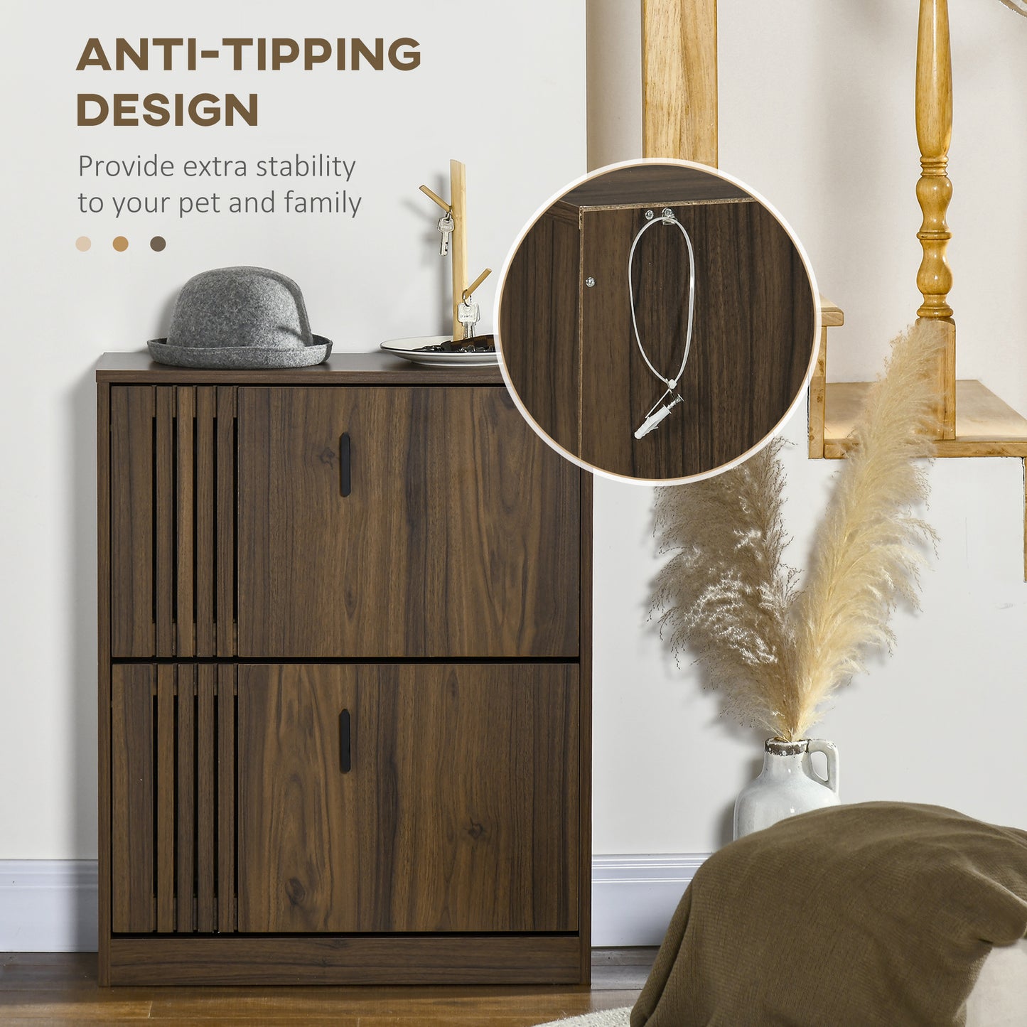 HOMCOM Modern Walnut Shoe Storage Cabinet, 2 Flip Drawers, Adjustable Shelves