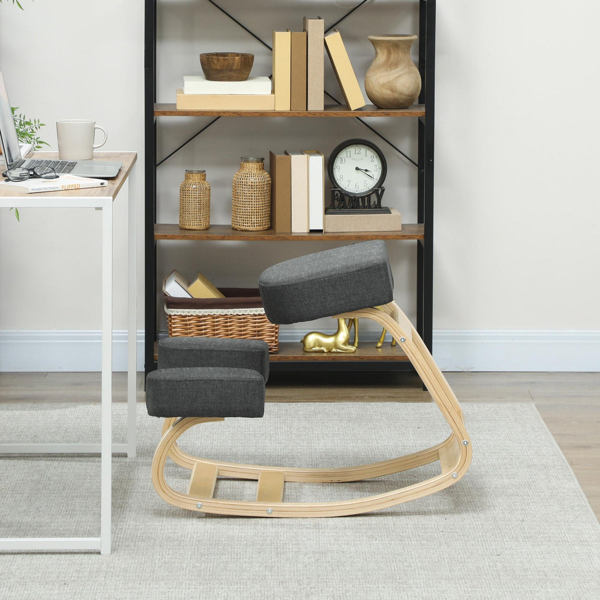 Ergonomic Kneeling Chair, Wood Kneel Stool with Thick Pads, Desk Knee Chair, Dark Grey