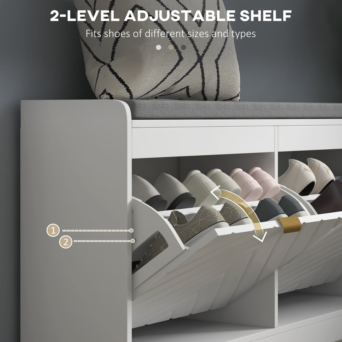 Shoe Storage with Seat, Upholstered Hallway Bench, Shoe Bench with 2 Flip Drawers and 4 Vents for 8 Pairs of Shoes