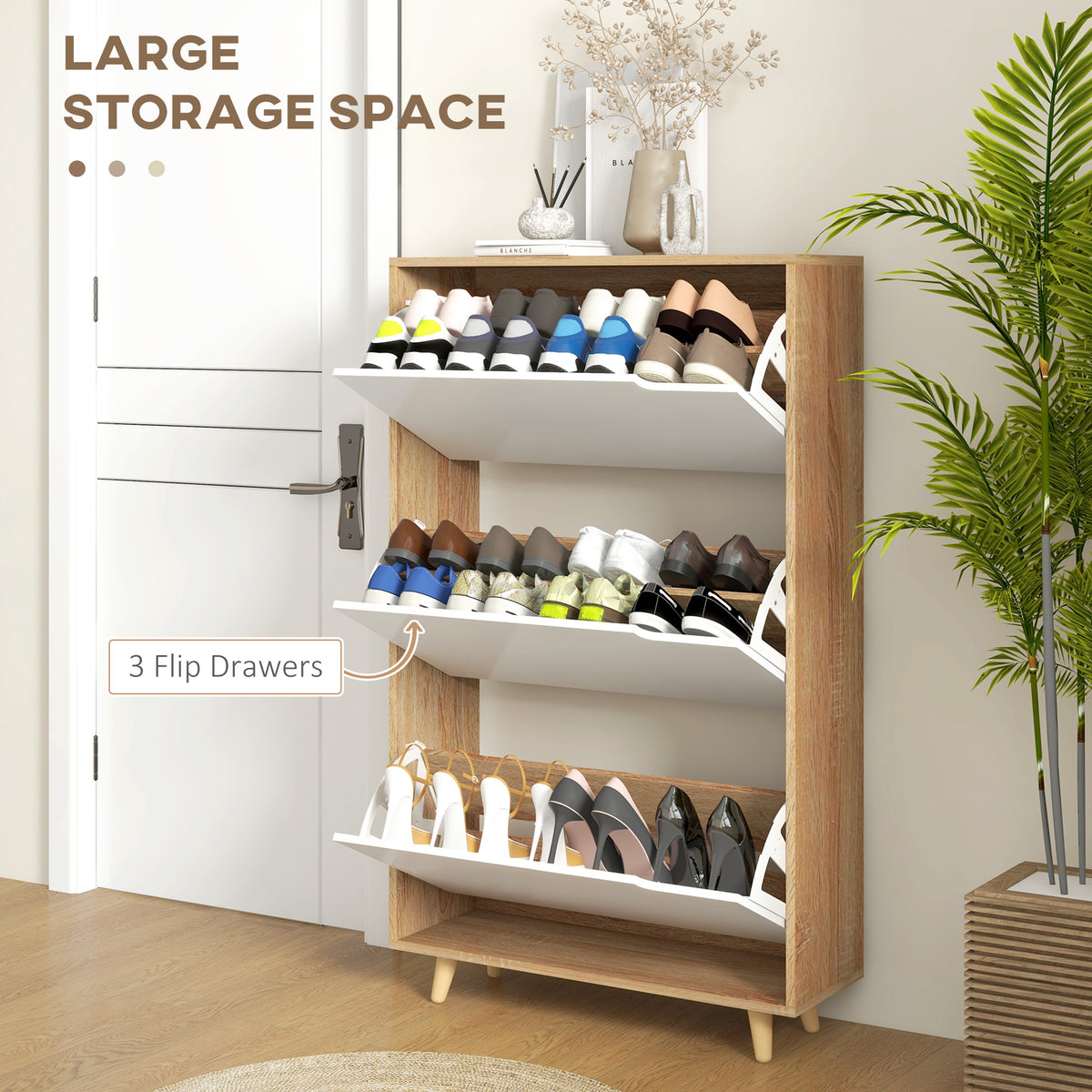 Slim Shoe Storage Cabinet with 3 Flip Drawers – 28"W x 47"H