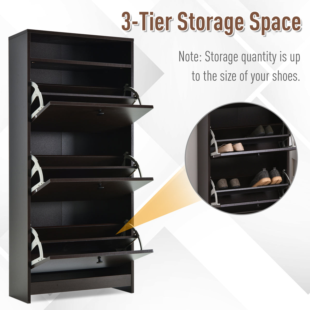 Slim Shoe Storage with 3 Flip Drawers and Adjustable Shelves – 24"W x 52"H