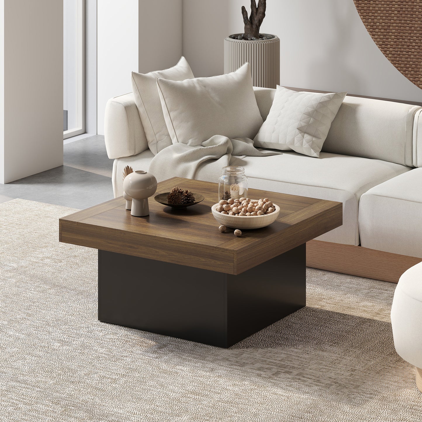 HOMCOM Square Coffee Table with 16-Colour LED Lights, Walnut, 35-Inch