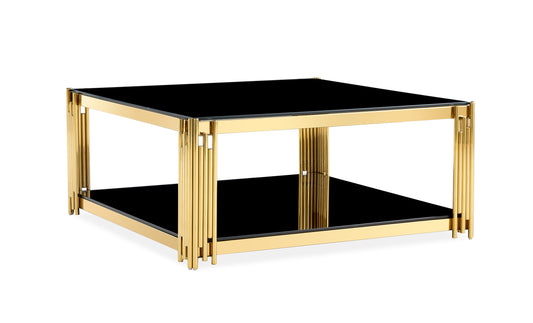 Square Black Glass Coffee Table with Gold Bar Frame