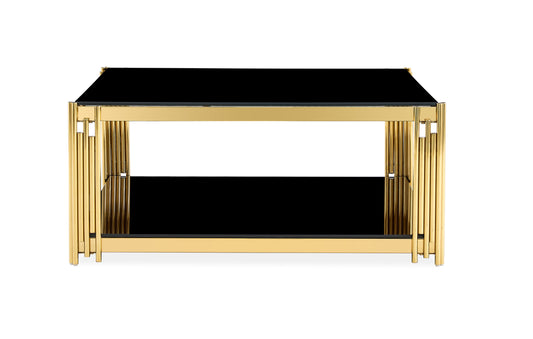 Square Black Glass Coffee Table with Gold Bar Frame