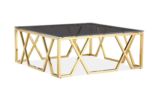 Square Black Glass Coffee Table with Gold Geometric Frame