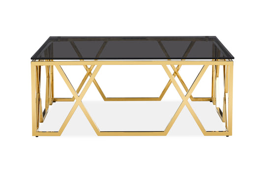 Square Black Glass Coffee Table with Gold Geometric Frame