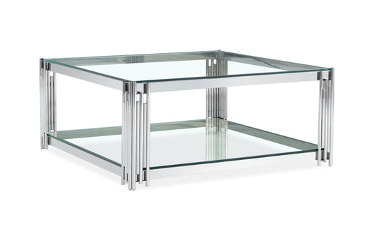 Square Glass Coffee Table with Chrome Frame and Shelf